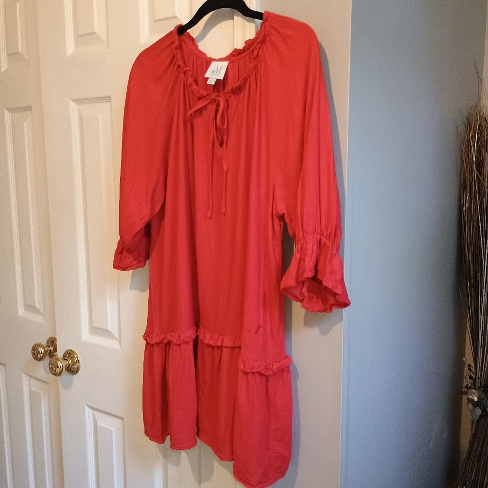 M Shopthemint Women’s Size M Red Linen Cotton Ruffle Peasant Tunic Dress Boho - Picture 6 of 13